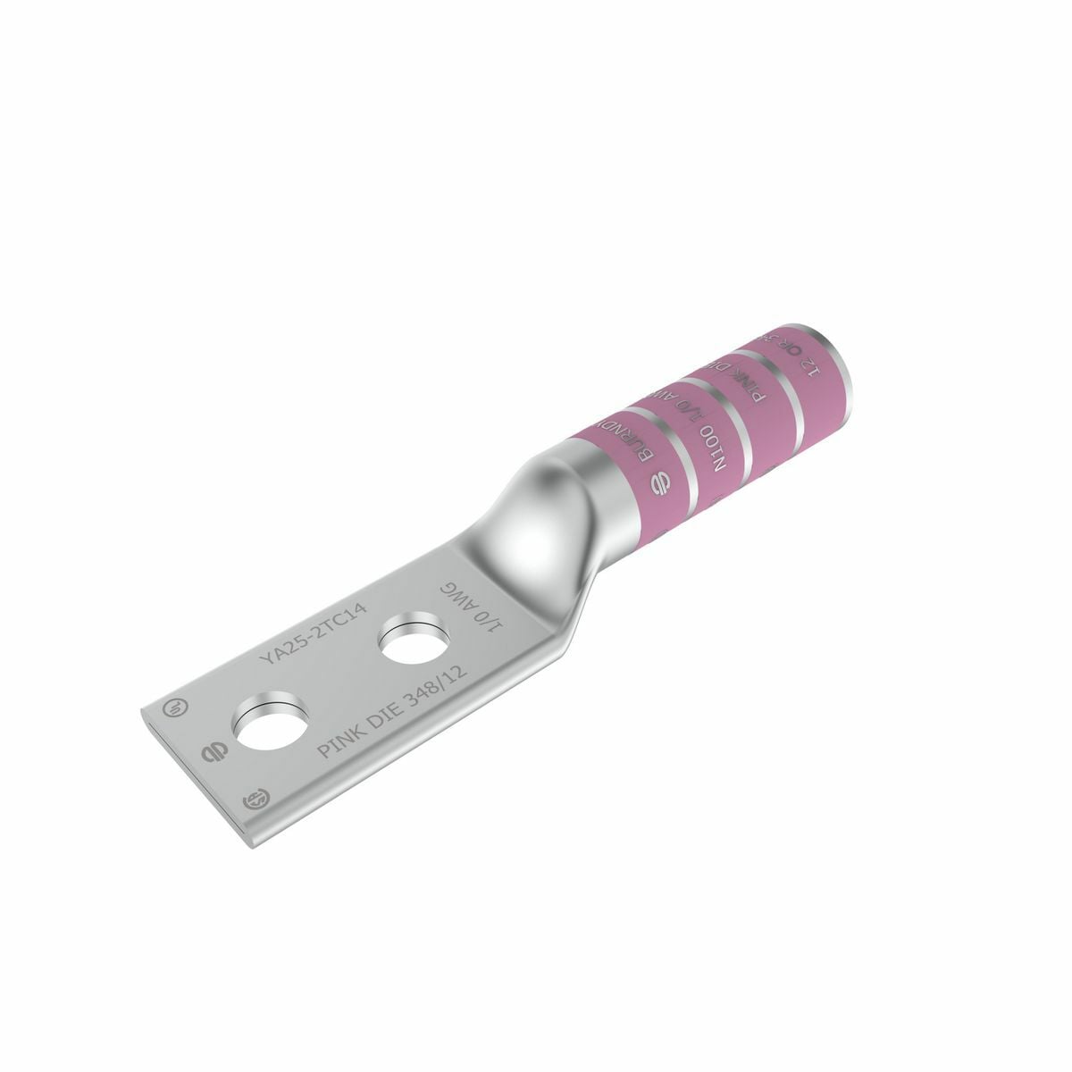 1/0 AWG CU, Two Hole, 3/8 Stud Size, 1-3/4 Hole Spacing, Long Barrel Internal Chamfer, Tin Plated, UL/CSA, 90?C, Up to 35kV, Pinnk Color Code, 12 or 348 Die Index.
