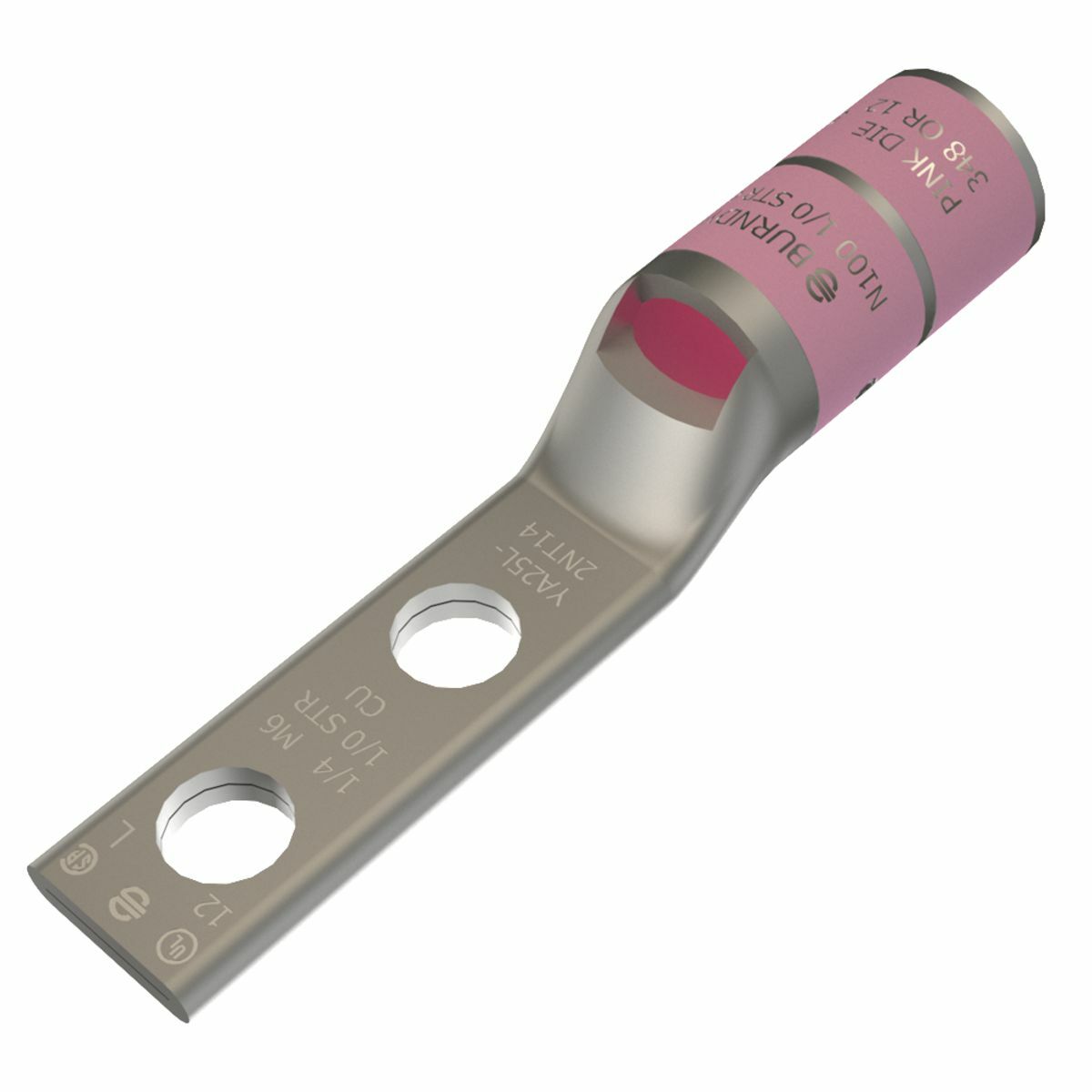 1/0 AWG CU, Two Hole, 1/4 Stud Size, 5/8 Hole Spacing, Standard Barrel, Inspection Window, Narrow Tongue Internal Chamfer, Tin Plated, UL/CSA, 90?C, Up to 35kV, Pinnk Color Code, 12 or 348 Die Index.
