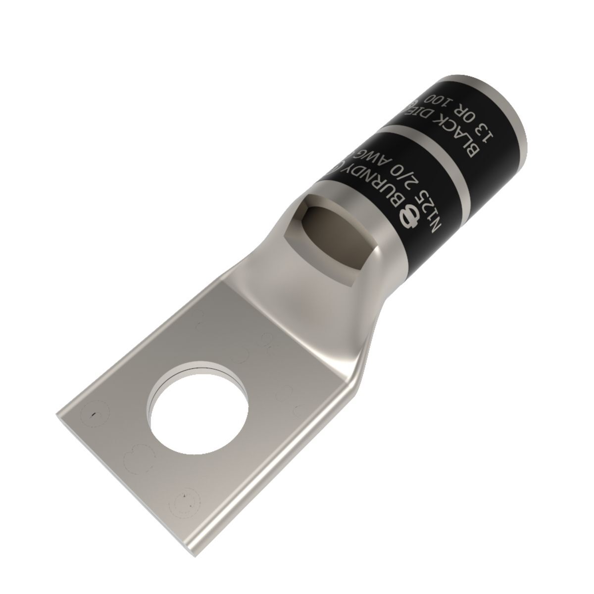 Cu Comp Terminal Code Cond, Bvl Entry, 1 Hole W/InspWindow, 2/0 AWG Str Code, 125 Navy, 600 V-35 kV, 3/8" Stud, Standard Barrel, Black, 13 Index.