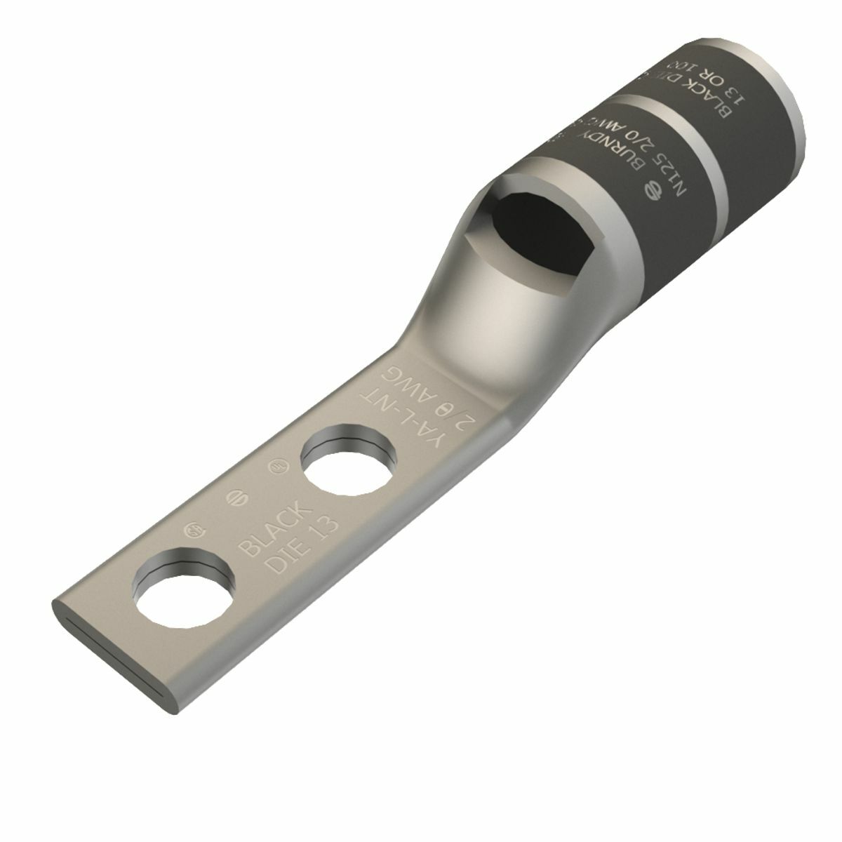 2/0 AWG CU, Two Hole, 1/4 Stud Size, 5/8 Hole Spacing, Standard Barrel, Inspection Window, Narrow Tongue Internal Chamfer, Tin Plated, UL/CSA, 90?C, Up to 35kV, Black Color Code, 13 Die Index.