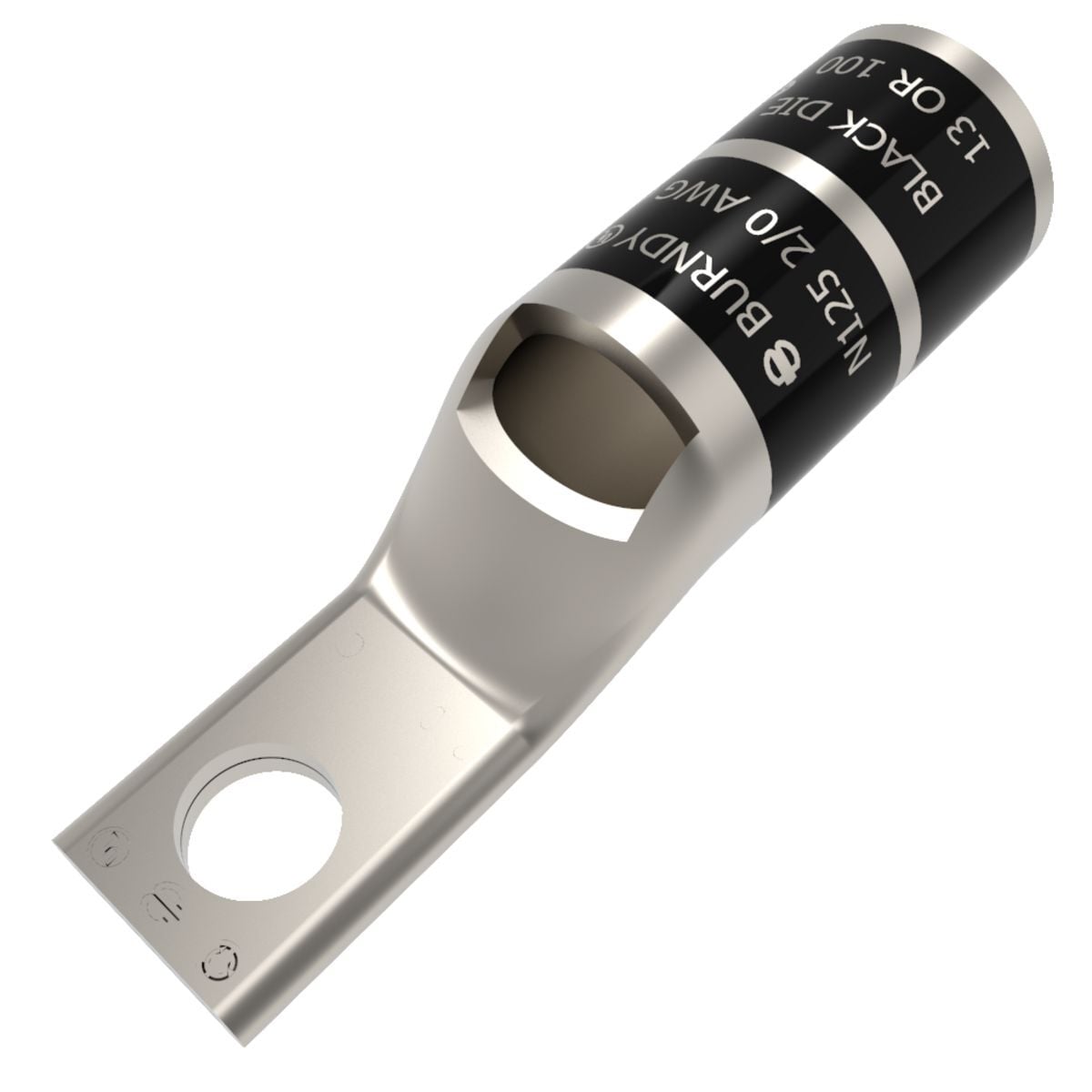 2/0 AWG CU, One Hole, 3/8 Standard Barrel, Inspection Window, Narrow Tongue Internal Chamfer, Tin Plated, UL/CSA, 90?C, Up to 35kV, BLACK Color Code, 13 Die Index.
