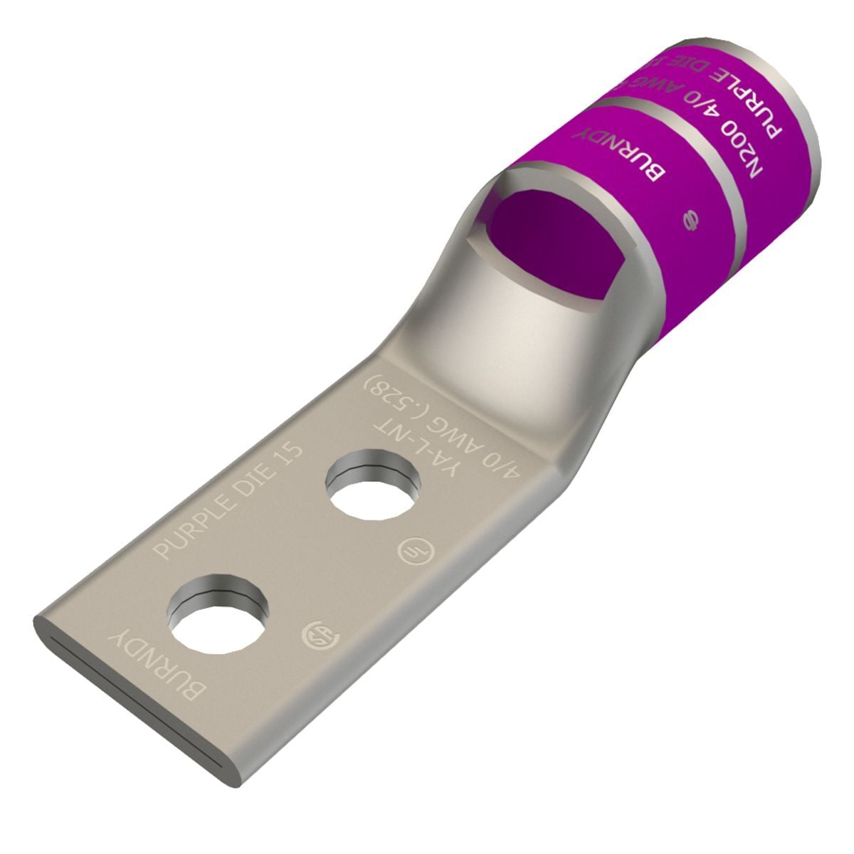 4/0 AWG CU, Two Hole, 1/4 Stud Size, 5/8 Hole Spacing, Standard Barrel, Inspection Window, Narrow Tongue Internal Chamfer, Tin Plated, UL/CSA, 90?C, Up to 35kV, Purple Color Code, 15 Die Index.