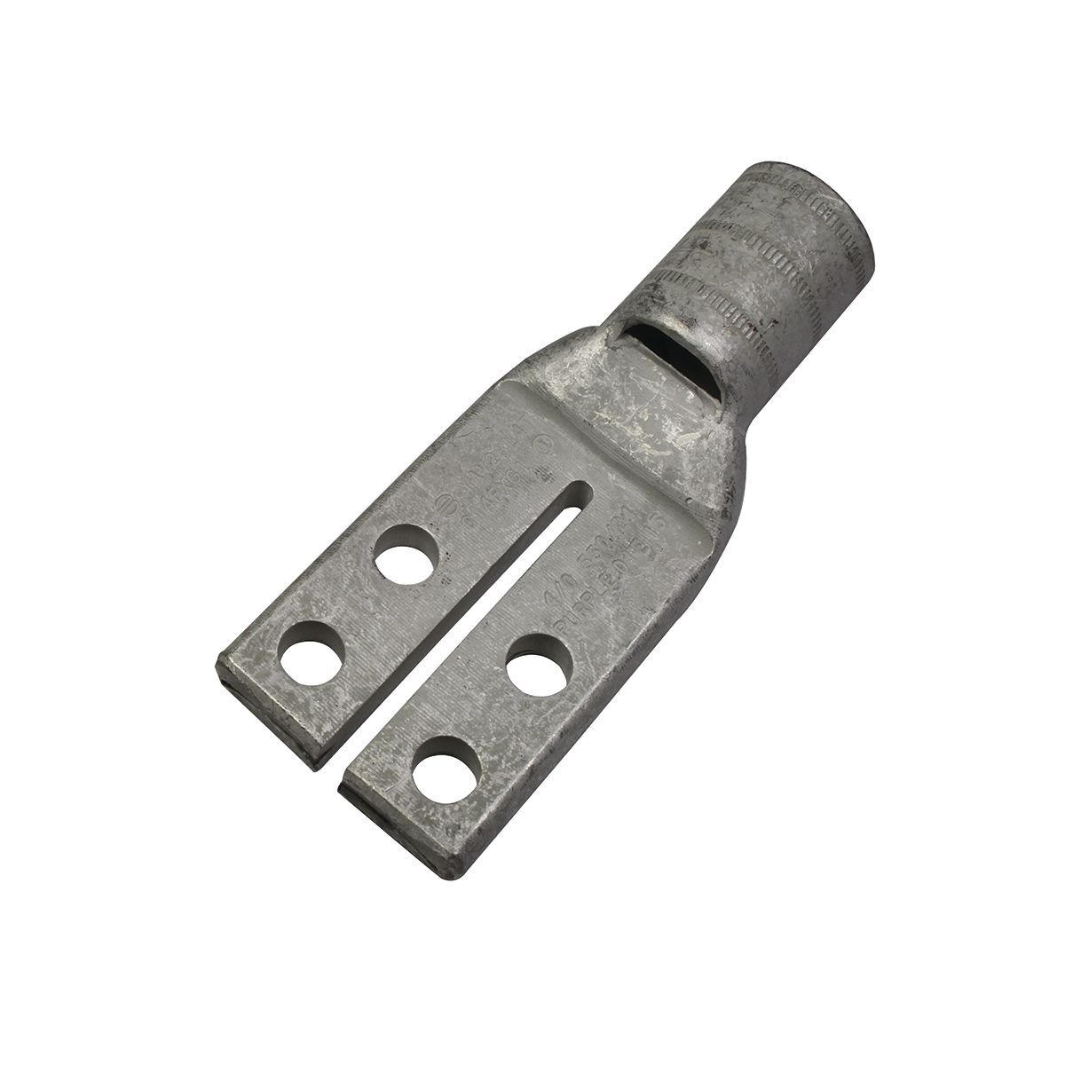 Cu terminal (4 hole split pad), 4 Holes W/insp window, 4/0 AWG, 1/4" stud, Tin plated, Purple, 15 Index.