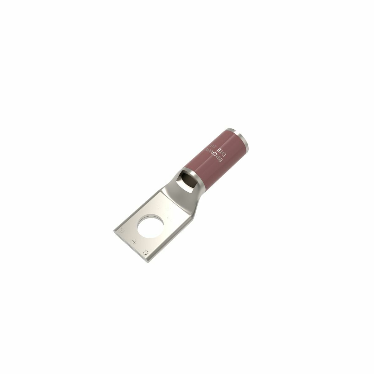 Cu Comp Terminal Code Cond, Bvl Entry, 1 Hole W/InspWindow, #2 AWG Str Code, 60 Navy, 600 V-35 kV, 3/8" Stud, Standard Barrel, Tin Plated, Brown, 10 Index.
