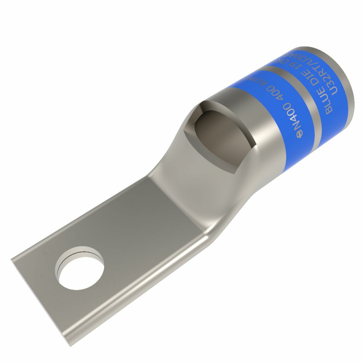 400 kcmil CU, One Hole, 3/8 Standard Barrel, Inspection Window, Narrow Tongue Internal Chamfer, Tin Plated, UL/CSA, 90?C, Up to 35kV, BLUE Color Code, 19 Die Index.