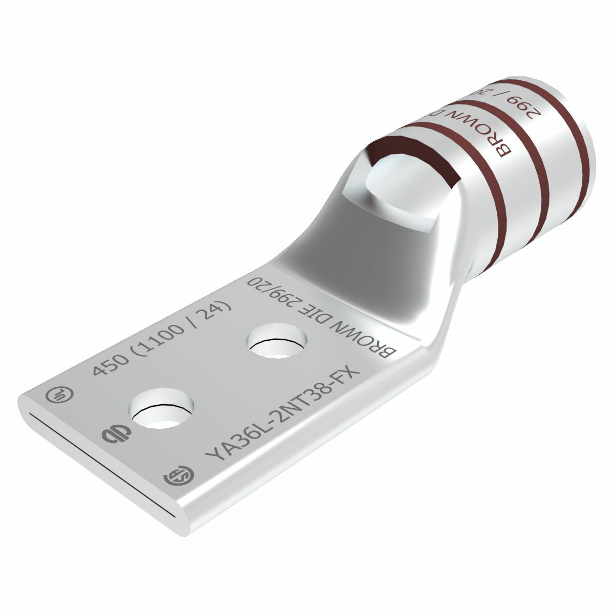 500 kcmil G, H, 444 DLO CU, Two Hole, 3/8 Stud Size, 1 Hole Spacing, Standard Barrel, Inspection Window, Narrow Tongue, Internal Chamfer, Tin Plated, UL/CSA, 90?C, Up to 35kV, Brown Color Code, 20 or 299 Die Index.