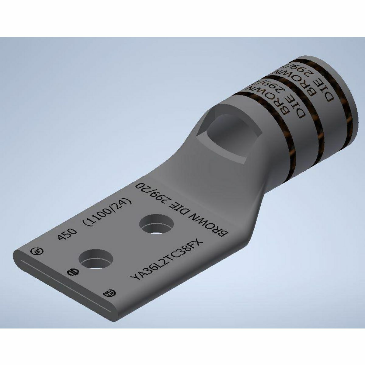 500 kcmil G, H, 444 DLO CU, Two Hole, 3/8 Stud Size, 1 Hole Spacing, Standard Barrel, Inspection Window, Internal Chamfer, Tin Plated, UL/CSA, 90?C, Up to 35kV, Brown Color Code, 20 or 299 Die Index.