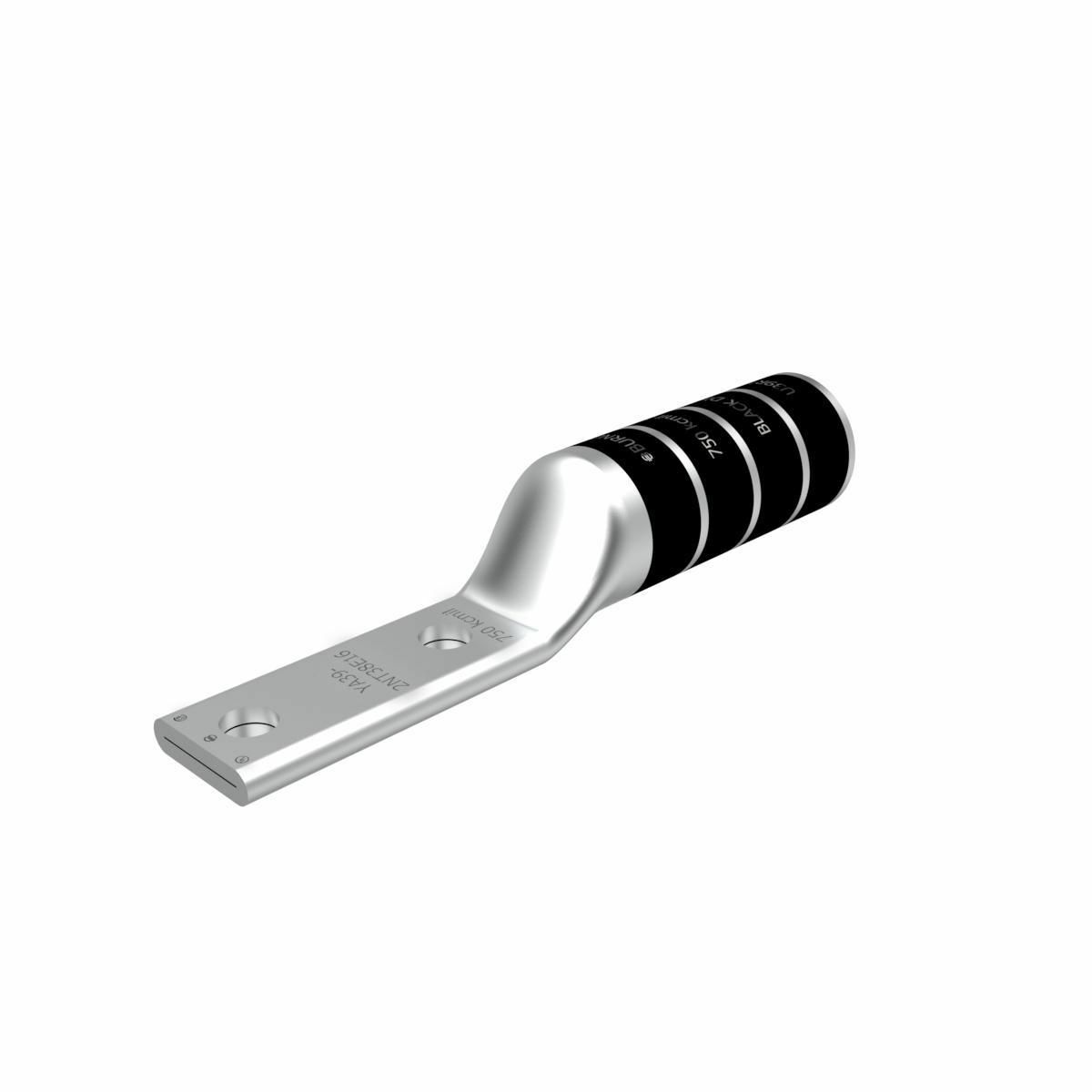 750 kcmil CU, Two Hole, 1/2 Stud Size, 1-3/4 Hole Spacing, Long Barrel, Narrow Tongue Internal Chamfer, Tin Plated, UL/CSA, 90?C, Up to 35kV, Black Color Code, 24 Die Index.