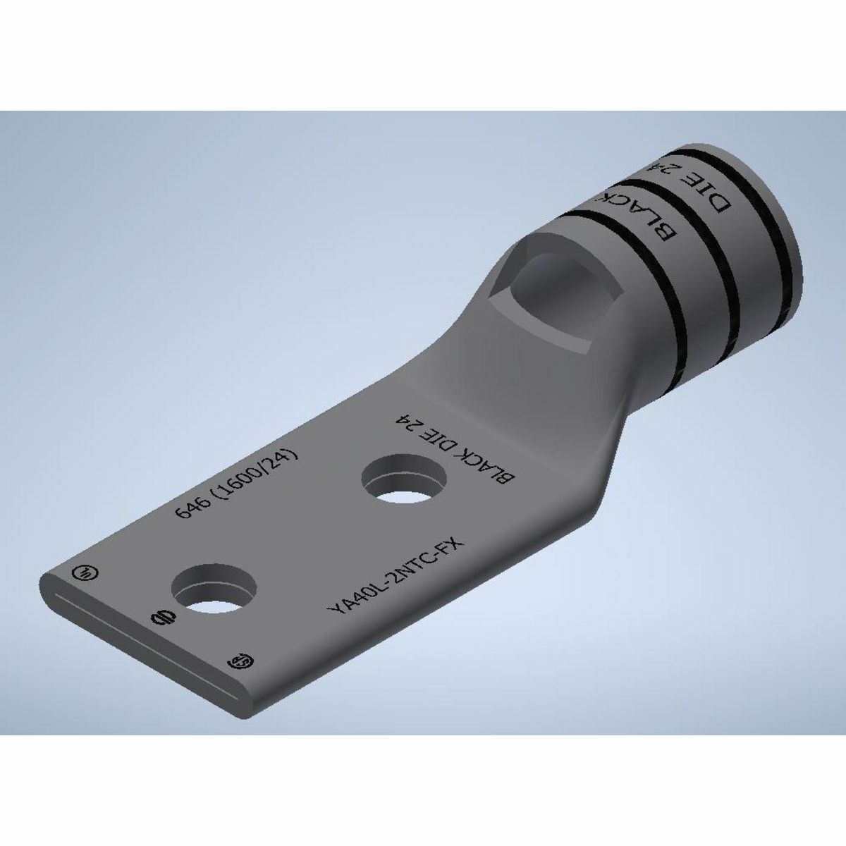 650 kcmil G, 646 DLO CU, Two Hole, 1/2 Stud Size, 1-3/4 Hole Spacing, Standard Barrel, Inspection Window, Internal Chamfer, Tin Plated, UL/CSA, 90?C, Up to 35kV, Black Color Code, 24 Die Index.