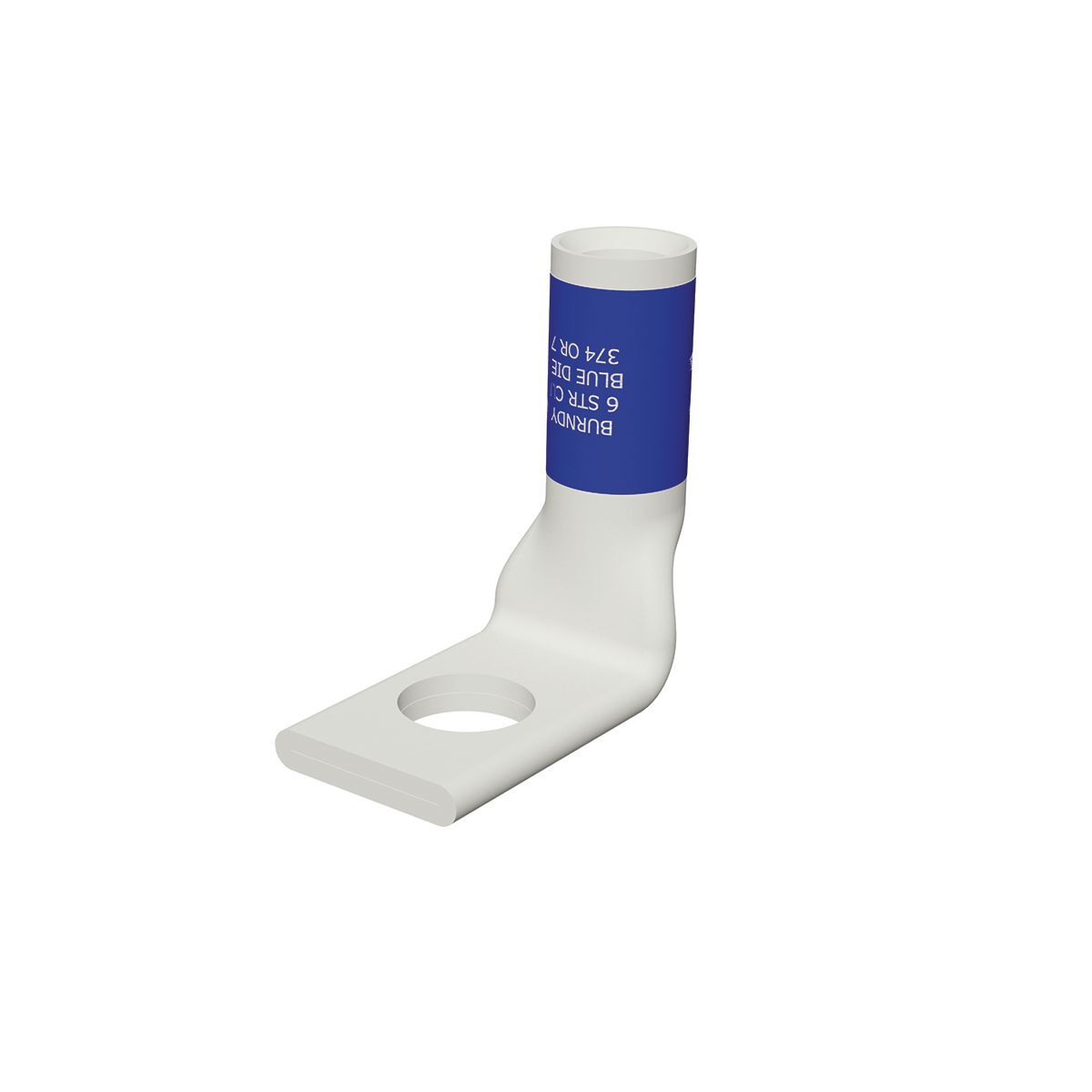 Cu Comp Terminal Code Cond, Bvl Entry, 1 Hole W/InspWindow, #6 AWG Str Code, 600 V-35 kV, 1/4" Stud, 90 Deg Bend, Standard Barrel, Tin Plated, Blue, 7 or 374 Index.