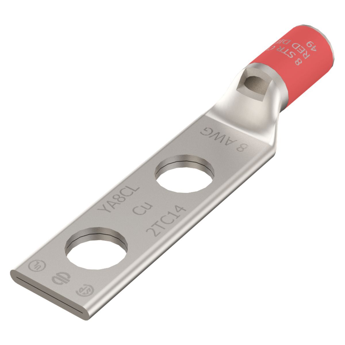 8 AWG CU, Two Hole, 1/2 Stud Size, 1-3/4 Hole Spacing, Standard Barrel, Inspection Window, Internal Chamfer, Tin Plated, UL/CSA, 90?C, Up to 35kV, Red Color Code, 49 Die Index.