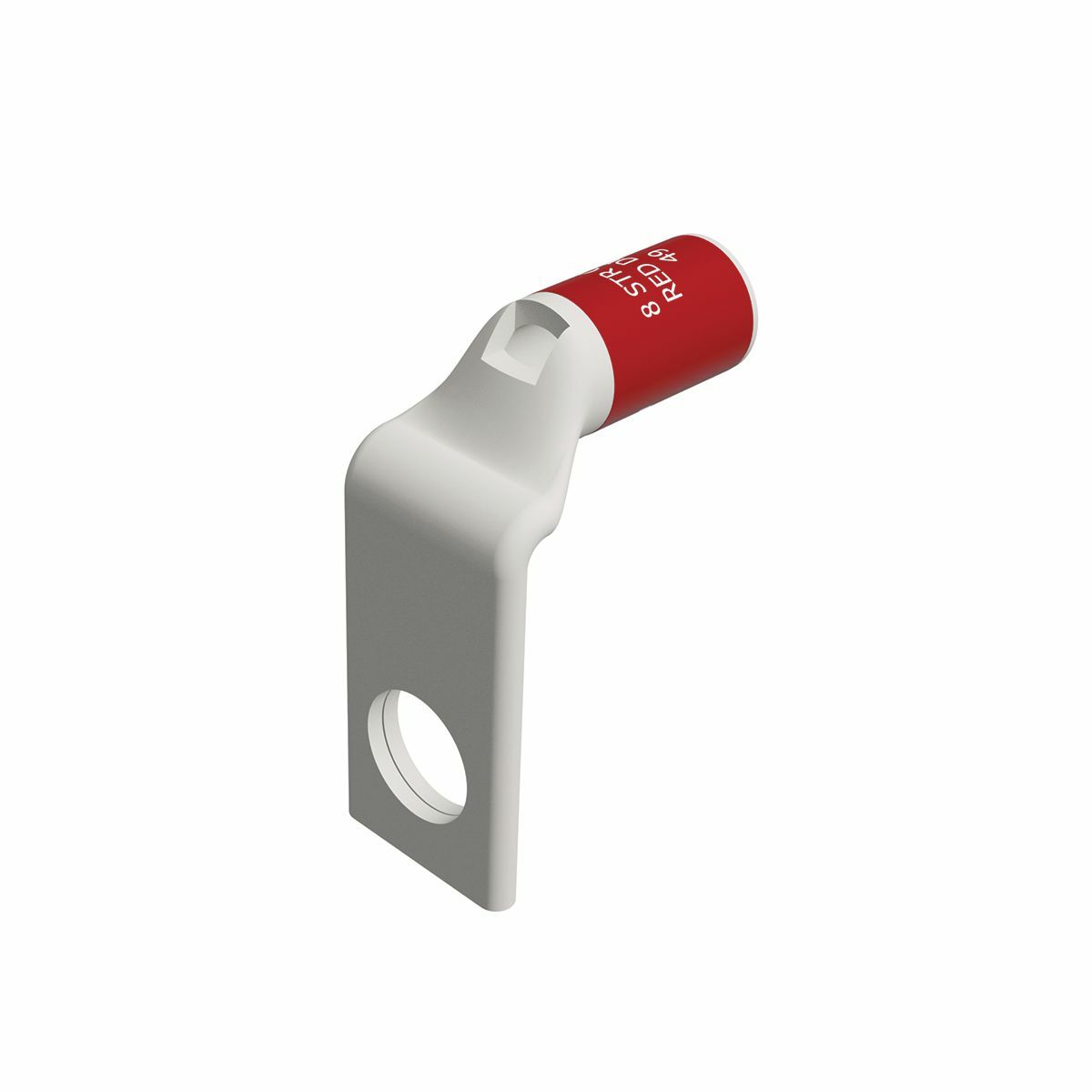 Cu Comp Terminal Code Cond, Bvl Entry, 1 Hole W/InspWindow, #8 AWG Str, #6 AWG Sol Code, 23 Navy, 600 V-35 kV, 8-10 Stud, 90 Deg Bend, Standard Barrel, Red, 49 Index.
