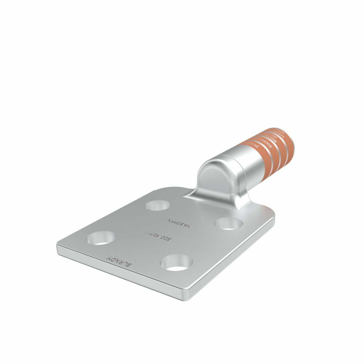 Copper Compression Lug, 4 Hole w/o Inspection Window, 500 kcmil, 1/2" Stud, 1-3/4" Stud Hole Spacing, Long Barrel, Tin Plated.