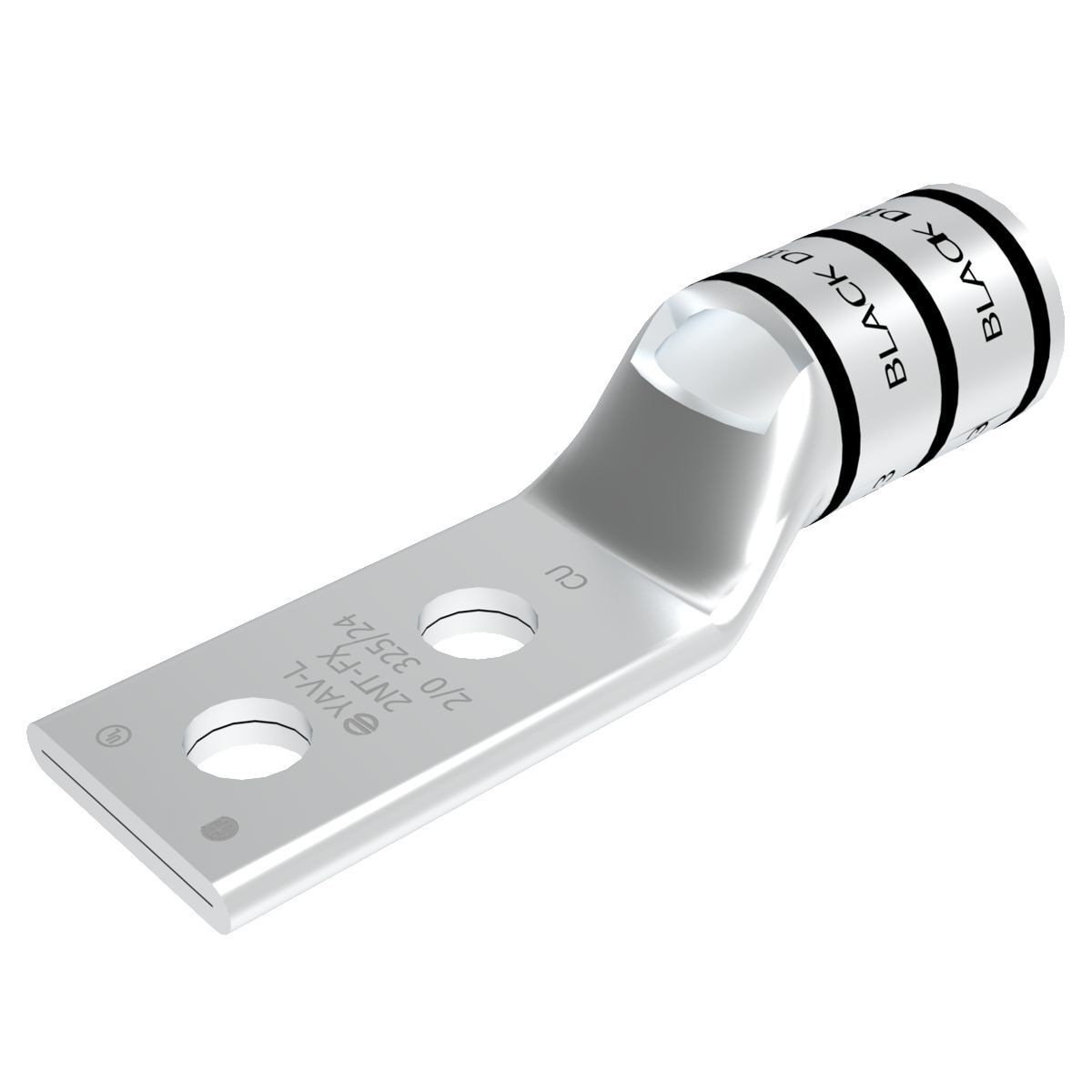 2/0 Flex G,H,I,K,M,DLO, 2/0 AWG CU, Two Hole, 1/4 Stud Size, 5/8 Hole Spacing, Standard Barrel, Inspection Window, Narrow Tongue, Internal Chamfer, Tin Plated, UL/CSA, 90?C, Up to 35kV, Black Color Code, 13 Die Index.