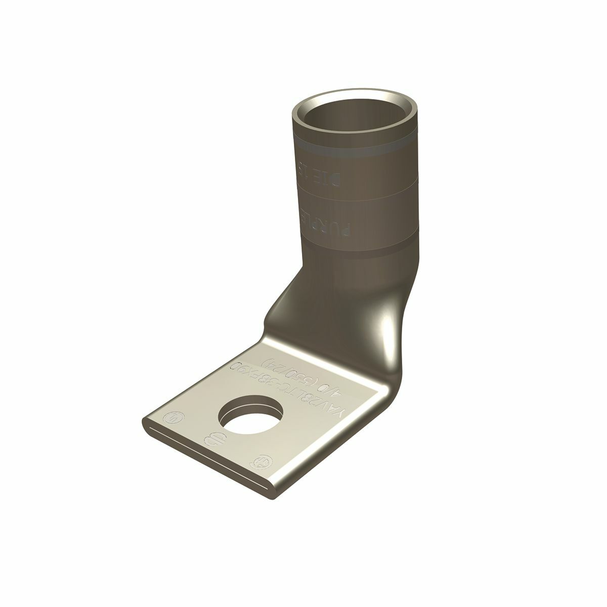 Cu Comp Terminal Flex Cond, Bvl Entry, 1 Hole/W/InspWindow, 2/0 Weld,2/0(325/#24)DLO Flex,2/0 AWG Code,125 Navy, 600 V-35 kV, 3/8" Stud, 90 Deg Bent, Std bbl.