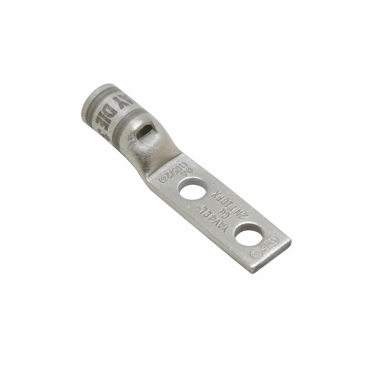 4/0 Flex G,H,I,K,M,DLO, 4/0 AWG CU, Two Hole, 1/4 Stud Size, 5/8 Hole Spacing, Standard Barrel, Inspection Window, Narrow Tongue, Internal Chamfer, Tin Plated, UL/CSA, 90?C, Up to 35kV, Purple Color Code, 15 Die Index.