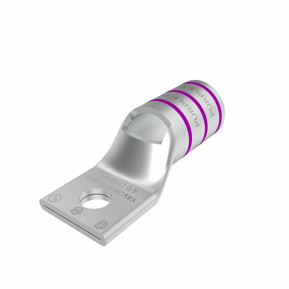 4/0 Flex G,H,I,K,M,DLO, 4/0 AWG CU, One Hole, 3/8 Stud Size,  Standard Barrel, Inspection Window, Narrow Tongue Internal Chamfer, Tin Plated, UL/CSA, 90?C, Up to 35kV, Purple Color Code, 15 Die Index.