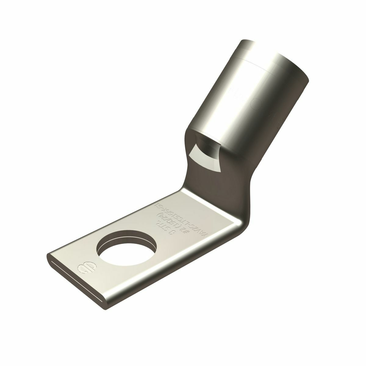 Cu Comp Terminal Flex Cond, Bvl Entry, 1 Hole/W/InspWindow, 4/0 Weld, 4/0(550/#24)DLO Flex, 4/0 AWG Code, 200 Navy, 600 V-35 kV, 3/8" Stud, 45 Deg Bent, Std bbl.