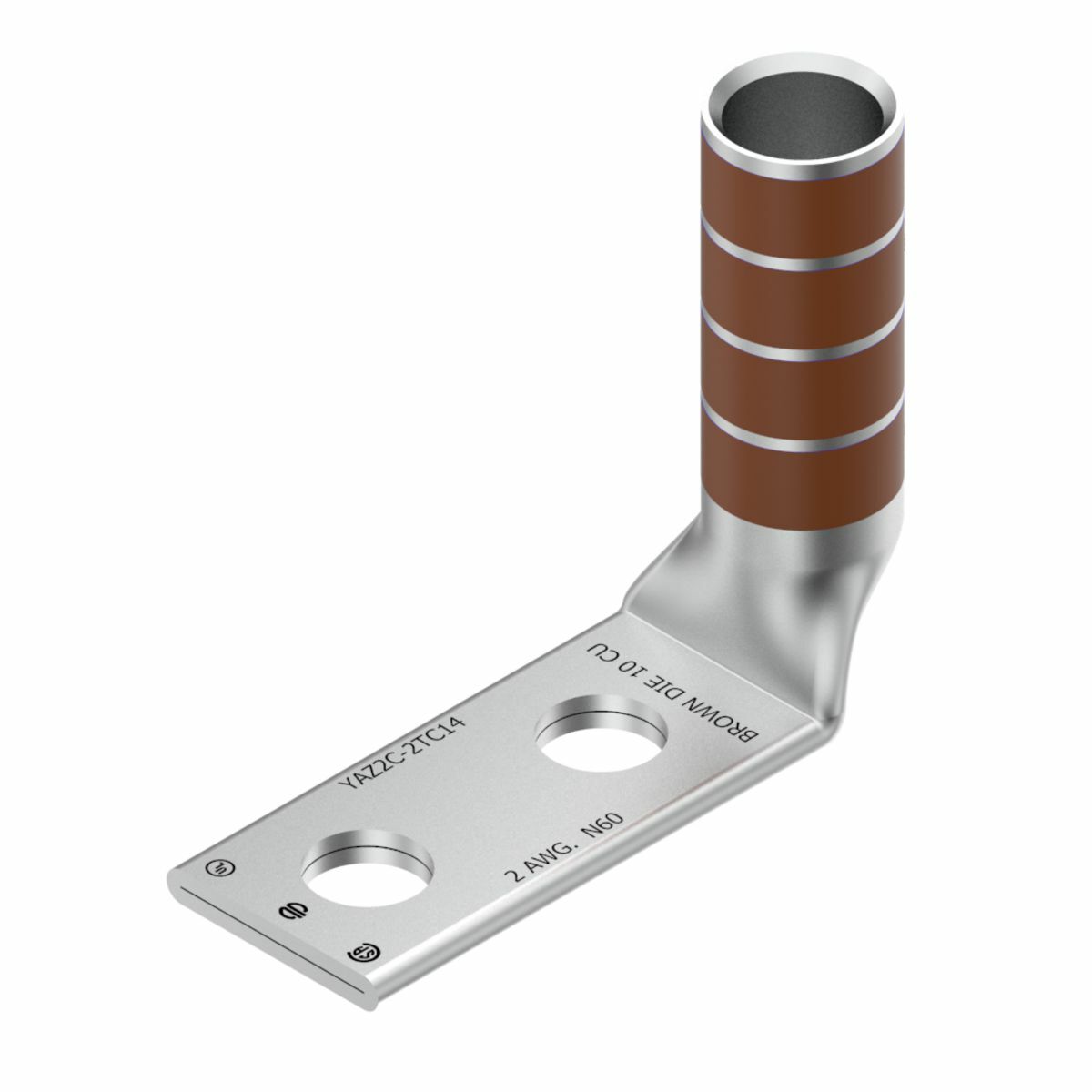 Cu Comp Terminal Code Cond, Bvl Entry, 2 Hole/W/InspWindow, #2 AWG Code, 60 Navy, 600 V-35 kV, 1/4" Stud, 0.62" Spacing, 90 Deg Bent, Lng bbl, Brown, 10 Index.