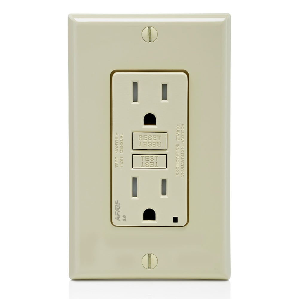 15 Amp, 125 Volt Dual Function AFCI/GFCI Receptacle, 20 Amp Feed-Through, Tamper-Resistant, Monochromatic, back and side wired, nylon wallplate/faceplate, screws and self-grounding clip included  Ivory