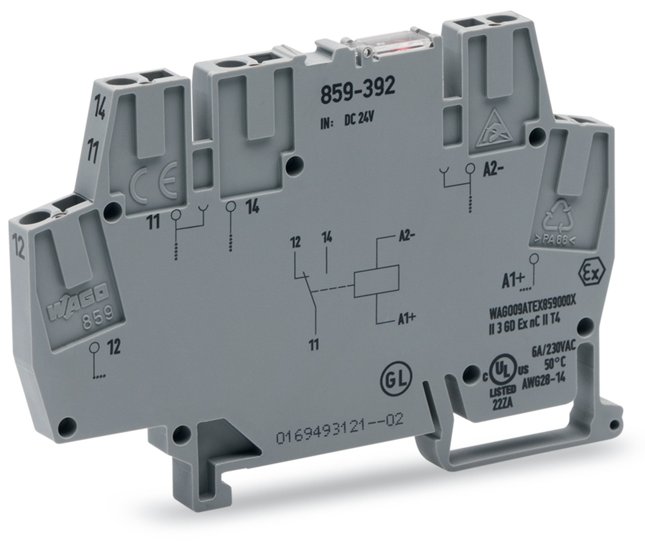 Relay module; Nominal input voltage: 24 VDC; 1 changeover contact; with gold contacts; Railway; Red status indicator; Module width: 6 mm; 2,50 mm; gray