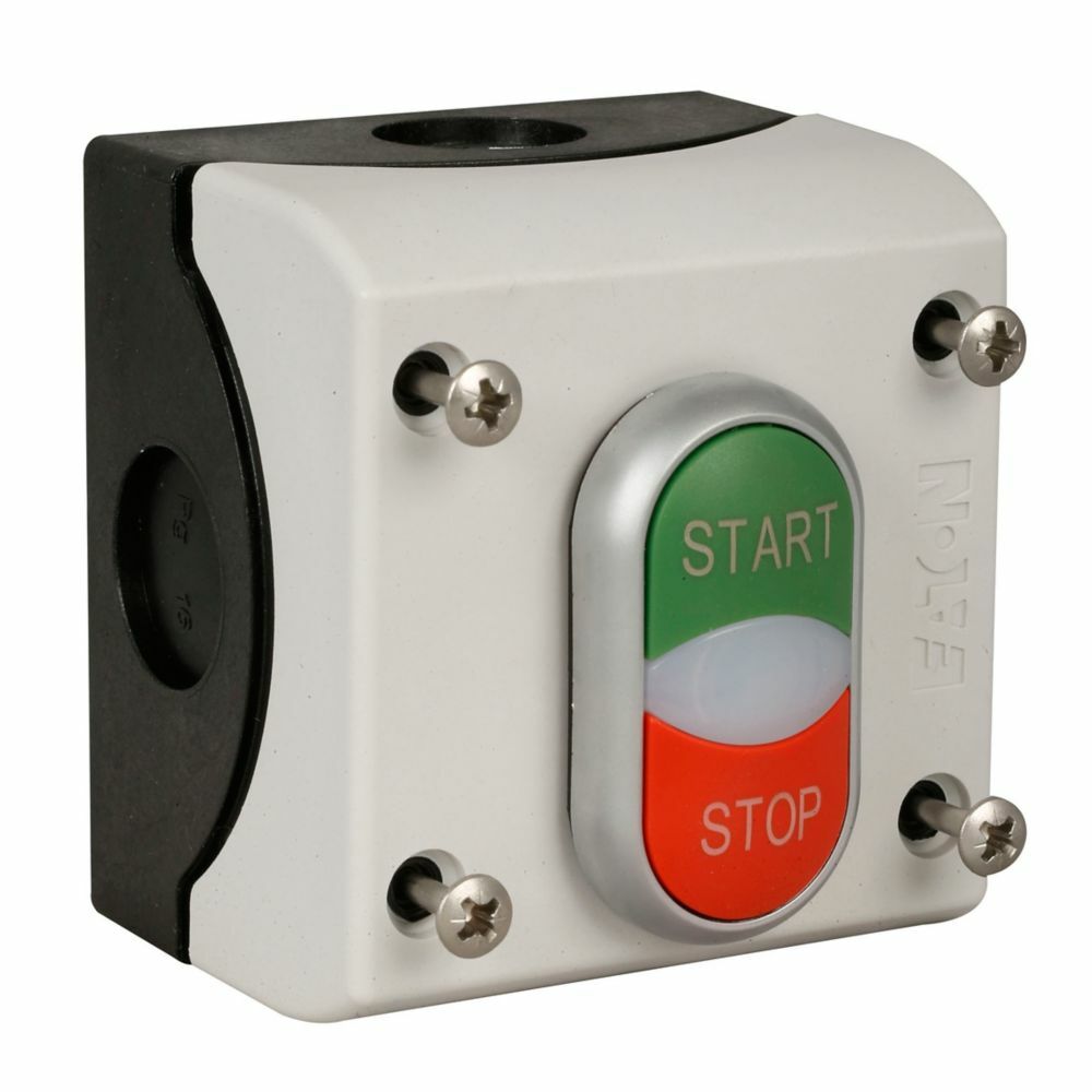 M22 Assembled One Element, Control Station, 22.5 mm, Double pushbutton, Momentary, Non-illuminated, Button: Green/Red, Inscription: START, STOP/ GB1, GB0, NO, IP66, UL (NEMA) Type 4X, 13, Horizontal, Base: Black, Enclosure: Gray