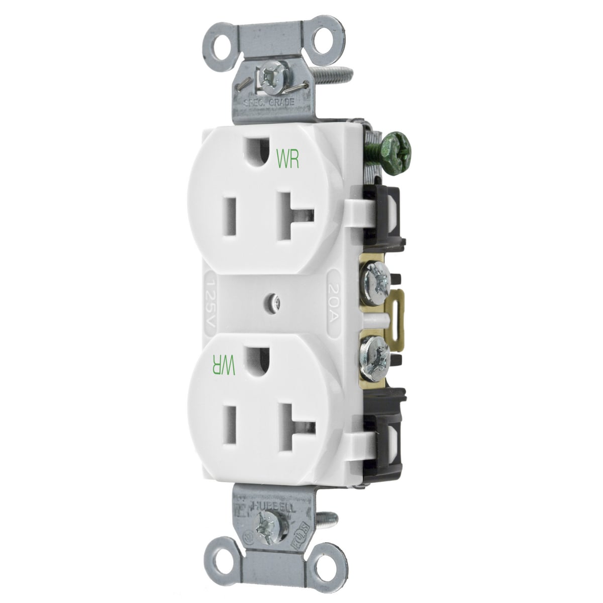 Straight Blade Devices, Receptacles, Weather-Resistant Duplex, Commercial/Industrial Grade, 2-Pole 3-Wire Grounding, 20A 125V, 5- 20R, White, Single Pack.