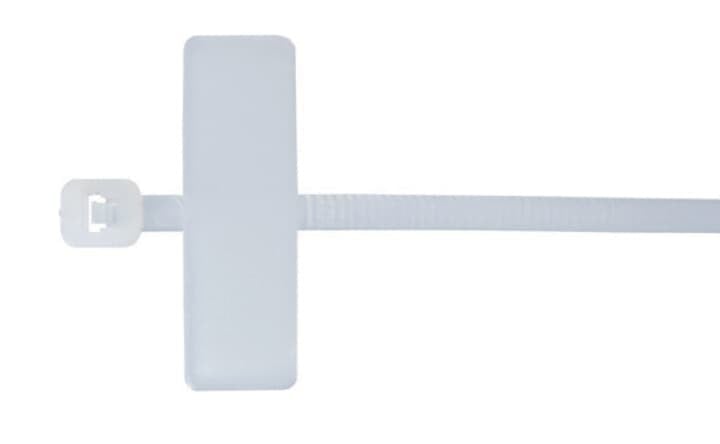 Miniature Identification Cable Tie, Natural Polyamide (Nylon 6.6) for Temperatures up to 85 Degrees Celsius (185 F) for Indoor Applications, Length of 93.11mm (3.666 Inches), Width of 2.54mm (0.10 Inches), Thickness of 1.09mm (0.043 Inches), Tensile Strength Rating of 80 Newtons (18 Pounds), Marking Pad Size of 24.71mm (0.973 Inches) x 4.415mm (0.174 Inches), Bulk Pack