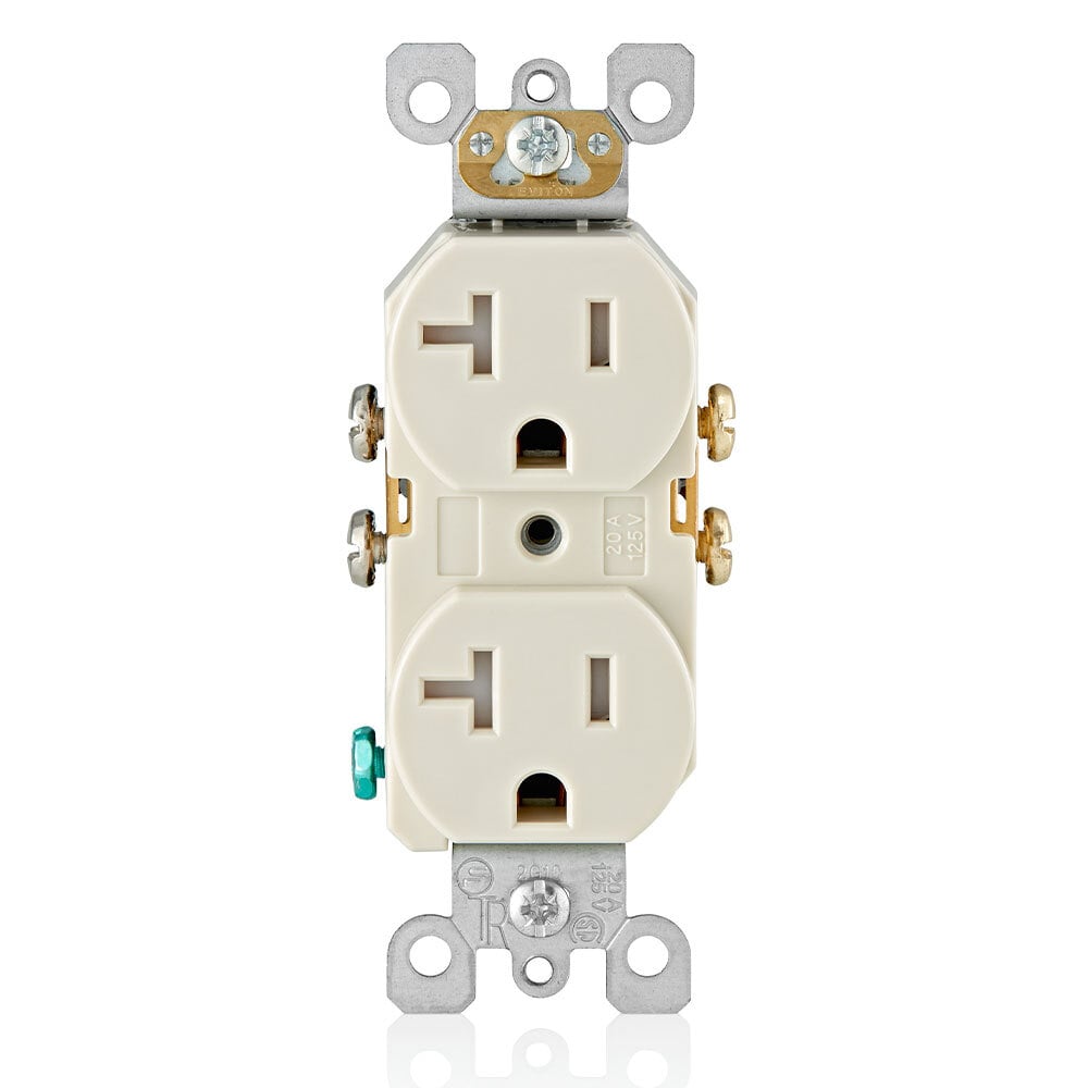 20 Amp 125 Volt, Duplex Receptacle, Straight Blade, Residential Grade, Self Grounding, Light Almond