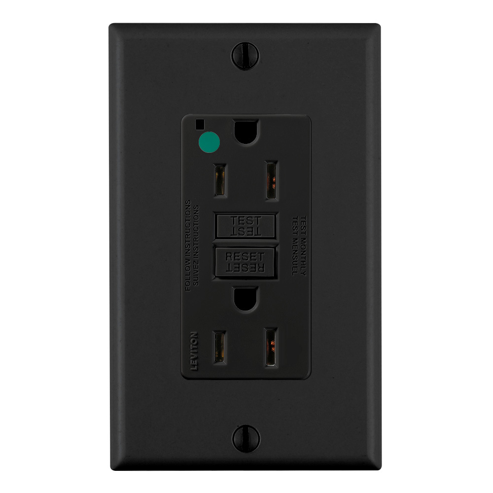 15 Amp, 125 Volt, SmartlockPro Slim Self-Test GFCI Receptacle, Extra-Heavy Duty Hospital Grade, NEMA 5-15R, 20A Feed-Through, 2P, 3W, Matching Wallplate Included - BLACK