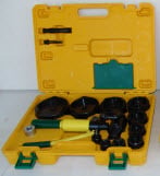 Hydraulic Punch Kit, 16 Piece Size, Aluminum material, 1/2 to 4 in. conduit size, includes (10) Die Sets: Sizes - 7/8", 1-1/8", 1-3/8", 1-3/4", 2", 2-1/2", 3", 3-1/2", 4", 4-1/2" and (2) Draw Studs/Collar: Sizes - 3/8", 3/4" and (1) 12 Ton Hydraulic Punch with Fully Articulating Head and (2) Tip-Bits Steps Drills and (1) 1/2" Die Spacer ultra Heavy Duty Carrying Case