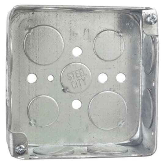 Square Box, 21 Cubic Inches, 4 Inch Square x 1-1/2 Inch Deep, 3/4 Inch Knockouts, Pre-Galvanized Steel, For use with Conduit