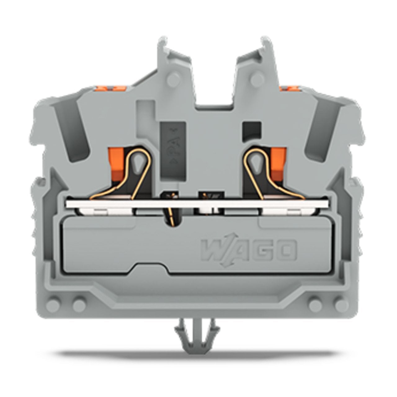 2-conductor miniature through terminal block; with push-button; 2.5 mm; with snap-in mounting foot; side and center marking; with test port; Push-in CAGE CLAMP; 2,50 mm; gray