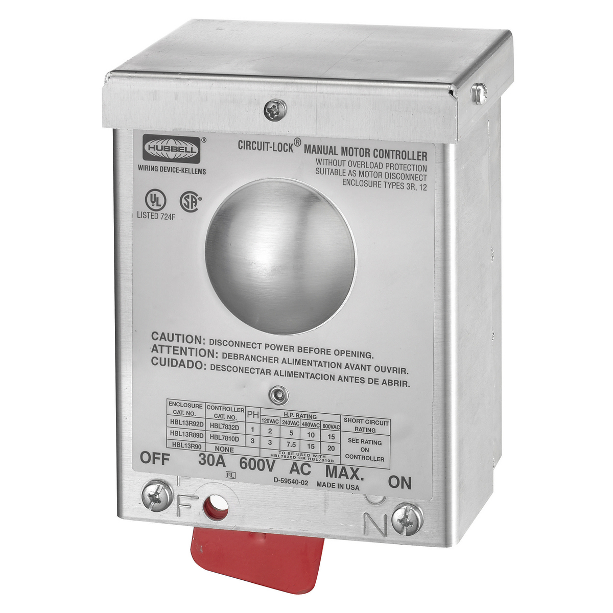 Switches and Lighting Controls, Industrial Grade, Toggle Switches, Motor Disconnects, Double Pole, 30A 600V AC, Back and Side Wired, Aluminum, NEMA 3R Enclosure with Switch