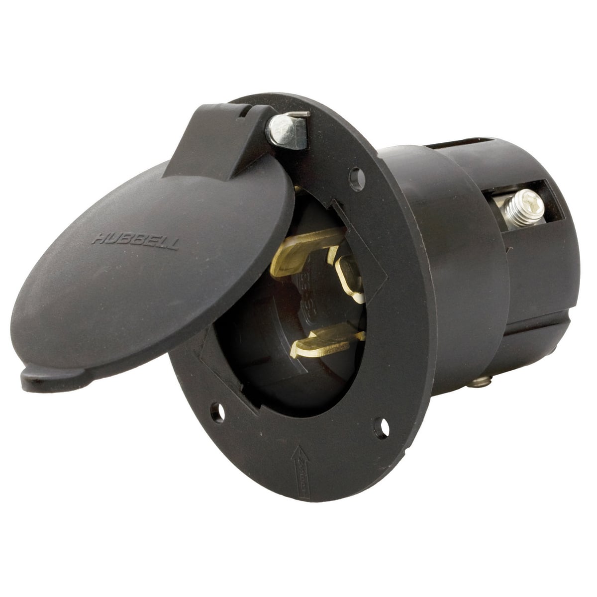 Locking Devices, Economy, Flanged Inlet with Cover, 50A 3-Phase Delta 250V AC, 3-Pole 4-Wire Grounding, Non- NEMA, Screw Terminal, Black