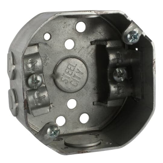 Octagon Box, 11.8 Cubic Inches, 3-1/2 Inch Diameter, 1-1/2 Inch Deep, Drawn construction with 1/2 inch knockouts, Pre-Galvanized Steel, Non-Metallic Cable Clamp (C-5)