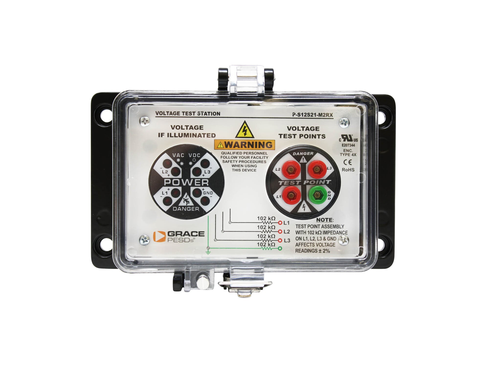 VOLTAGE TEST STATION WITH NON-FLASHING VOLTAGE INDICATOR AND SAFE-TEST POINT, VERTICAL MOUNT, UL TYPE 4X HOUSING