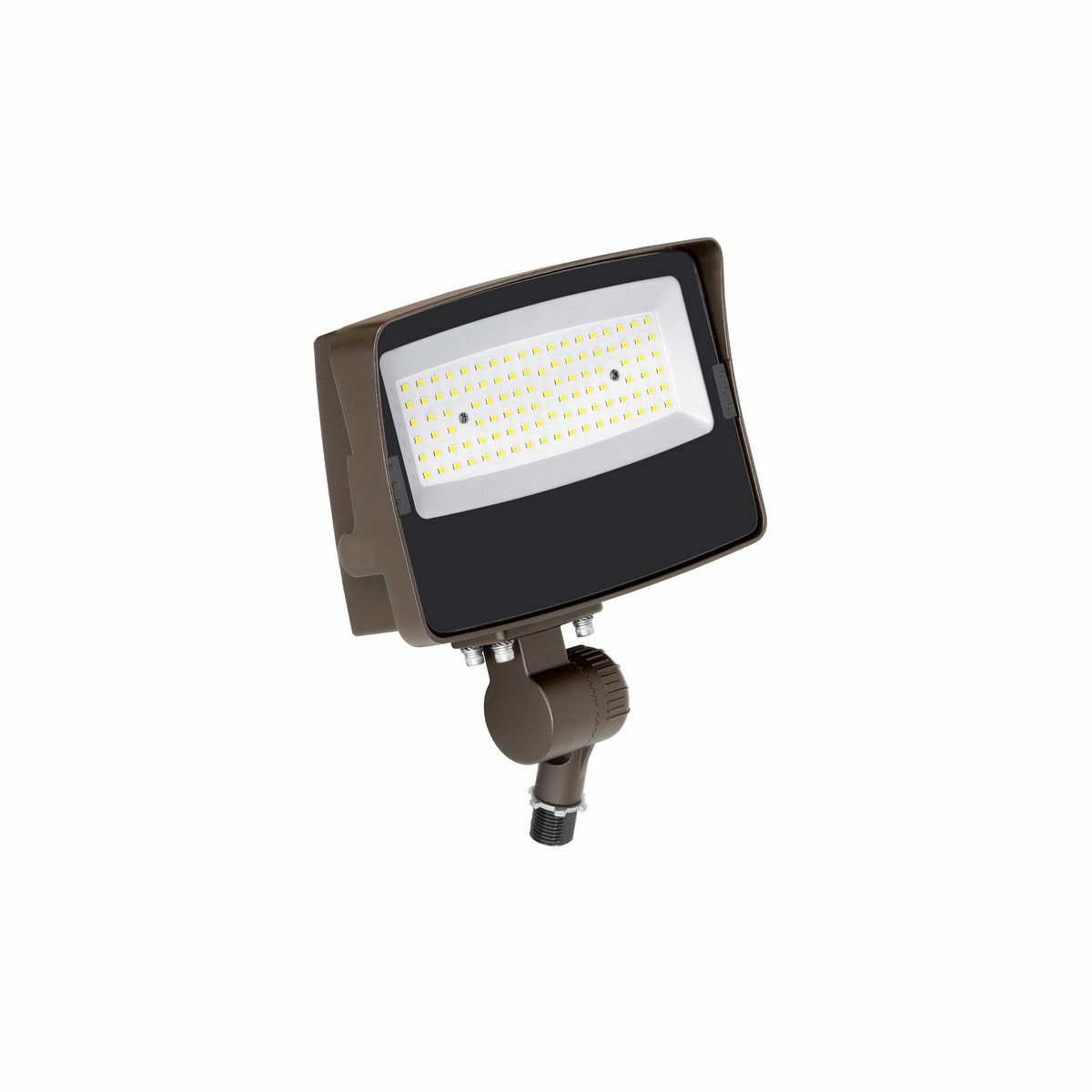 Commercial grade LED flood luminaire for use in outdoor applications such as a commercial building, retail, distribution and educational facilities.