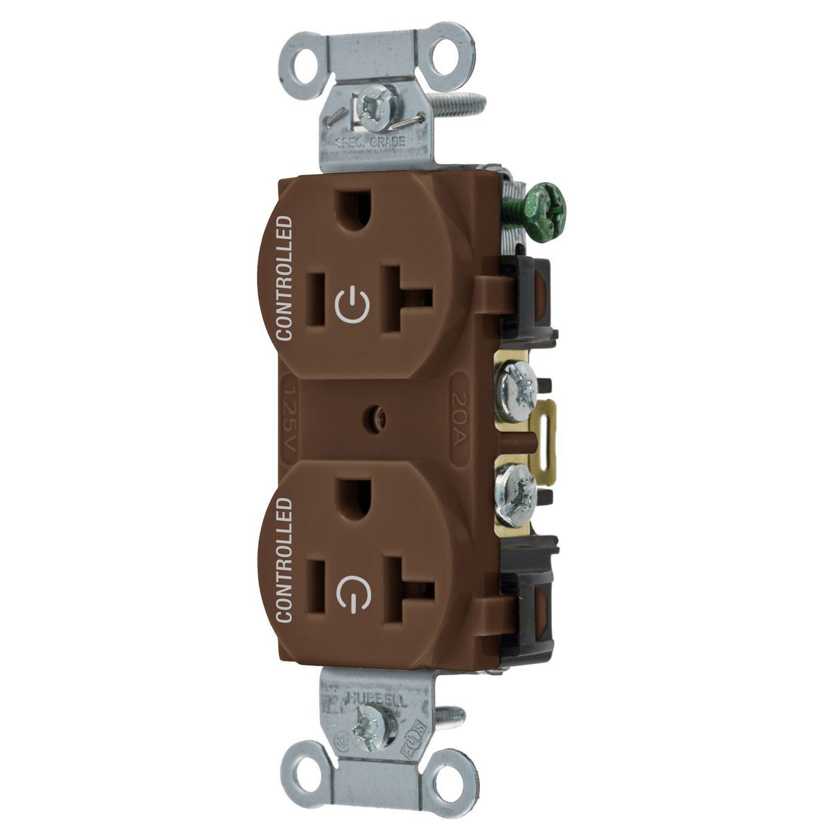 Straight Blade Devices, Receptacles, Duplex, Load Controlled, 20A 125V, 2-Pole 3-Wire Grounding, 5-20R, Back and Side Wired, Brown