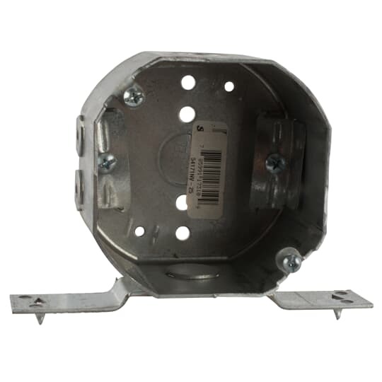 Octagon Box, 22.5 Cubic Inches, 4 Inch Diameter x 2-1/8 Inches Deep, 1/2 Inch Knockouts, Pre-Galvanized Steel, Drawn Construction, with Non-Metallic Cable Clamps (C-5) and V Bracket, For use with Non-Metallic Sheathed Cable