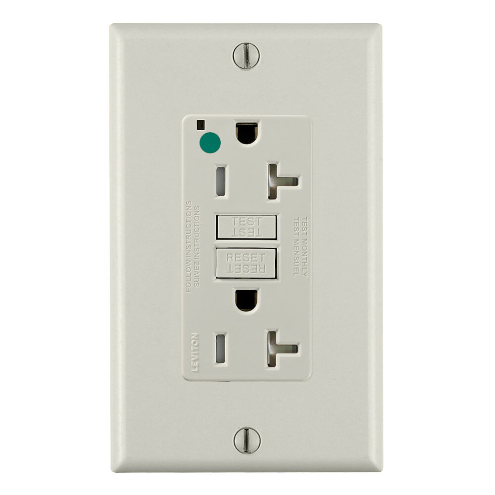 20 Amp, 125 Volt, SmartlockPro Slim Self-Test GFCI Receptacle, Extra-Heavy Duty Hospital Grade, Tamper-Resistant, NEMA 5-20R, 20A Feed-Through, 2P, 3W, Matching Wallplate Included - LIGHT ALMOND