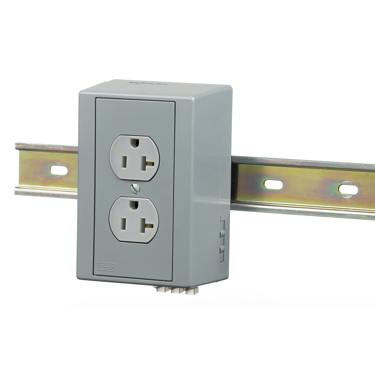 DIN Rail Utility Box, Complete Unit- Duplex Receptacle, DIN Rail Box, 20A Duplex, Gray.