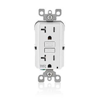 Self-Test Slim Tamper Resistant, Weather Resistant GFCI Receptacle. Nema 5-20R, 20A-125V @ Receptacle, 20A-125V Feed-through. With Mounting Screws, Washers, Instruction Sheets Nafta Version - White, With White Test And Reset Buttons