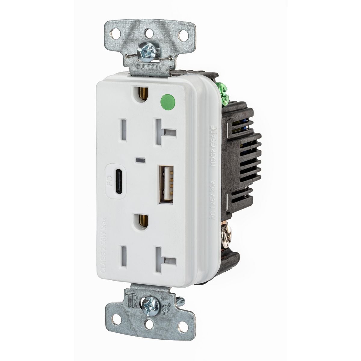 Tamper Resistant Hospital Grade Receptacle, 2-Pole 3-Wire Grounding, 1 Type "C" Power Delivery, 1 Type "A" Standard 5V