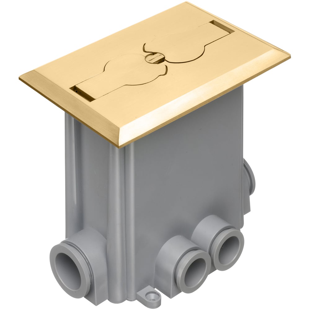Metallic concrete floor box with non metallic covers for new concrete pours. Brass with flip lids. Includes Box, Mud Cover, Four 3-1/4 plugs, two 1" plugs, 1/8" spacer 1/4" spacer. one 1/2" spacer, one 3/4" spacer, Mounting bracket, Duplex receptacle, Gasketed cover plate.