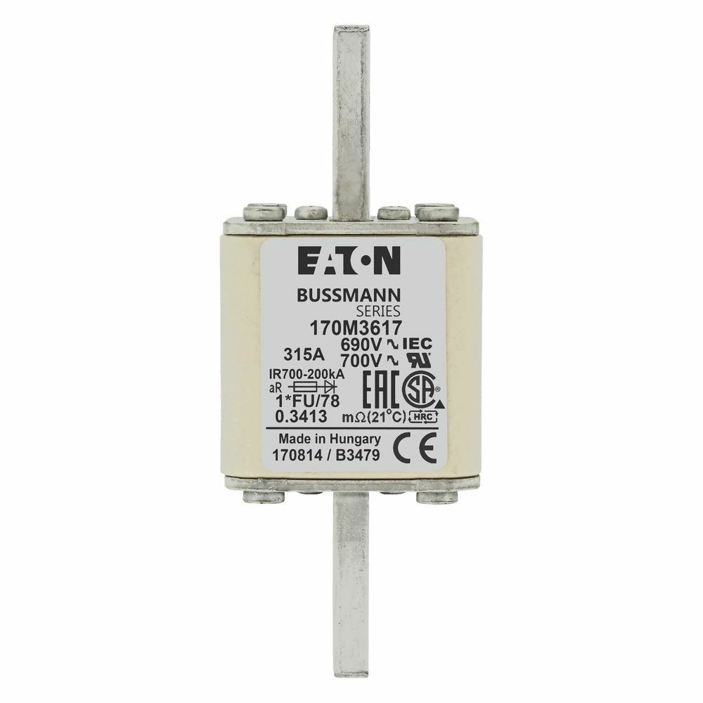 Eaton Bussmann series high speed square body fuse, 700V (UL), 690V (IEC), 315A, 200 kAIC, None, Fuse, Blade end X blade end, Class aR