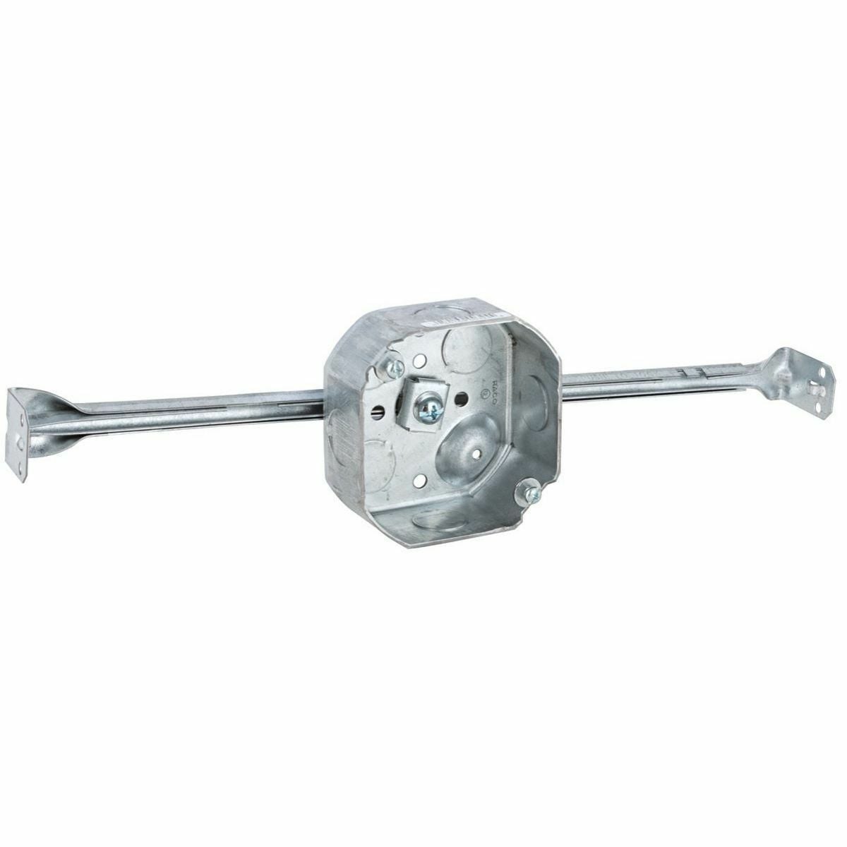 4 In. Oct. Bx. 1-1/2 In. Dp. Drawn w/Conduit KO's, Raised Ground,Bx.with 14-1/4 In. to 22-1/2 In. Bar Hanger