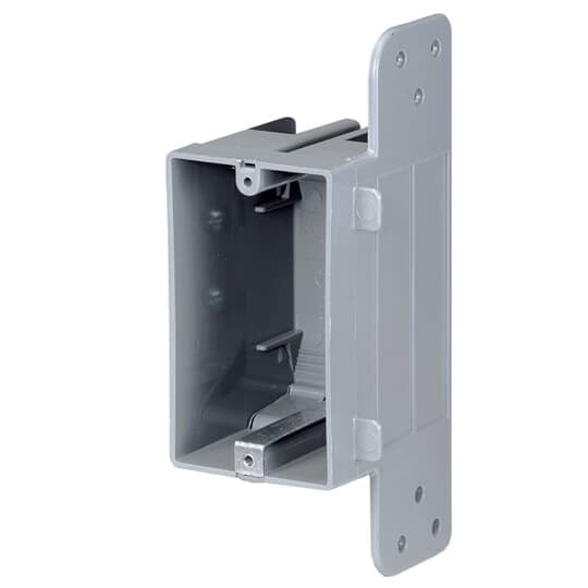 One-Gang Device Box, Volume 18 Cubic Inches, Length 3-3/4 Inches, Width 2-1/4 Inches, Depth 2-1/4 Inches, Color Gray, Material Non-Metallic, Cable Entries 4