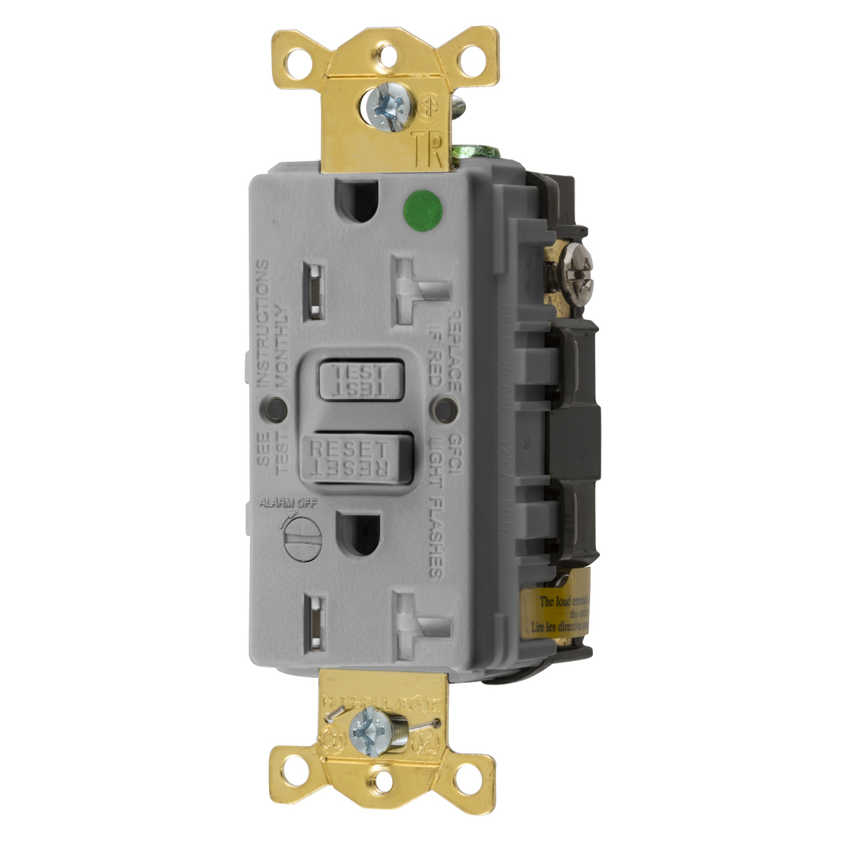 Power Protection Products, GFCIReceptacle, Self Test, Commercial Hospital Grade, Tamper Resistant, 20A125V, 2-Pole 3-Wire Grounding, 5-20R, Leaded, Gray, With Alarm