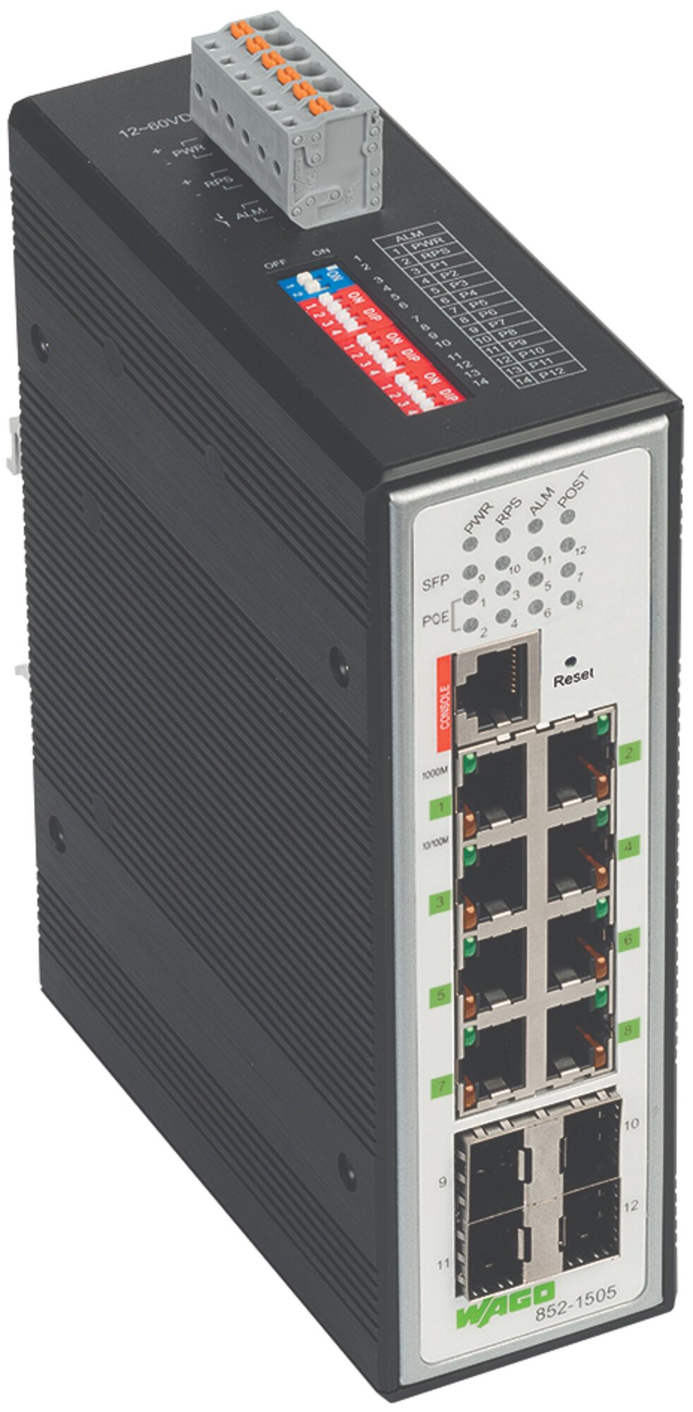 Industrial Managed Switch; 8 Ports 1000Base-T; 4-Slot 1000BASE-SX/LX; Extended temperature range; 8 * Power over Ethernet; black metallic